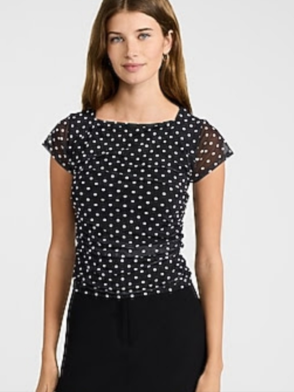 Express Polka Dot Mesh Cap Sleeve Ruched Tee - Black